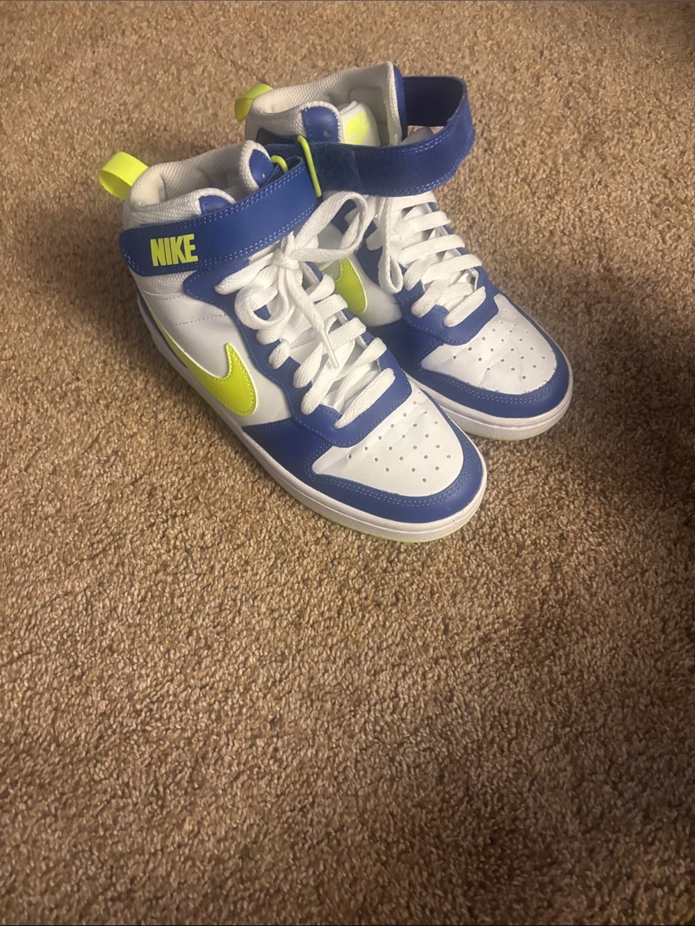 Nike Kids High-Top Sneakers in White, Blue & Neon Yellow